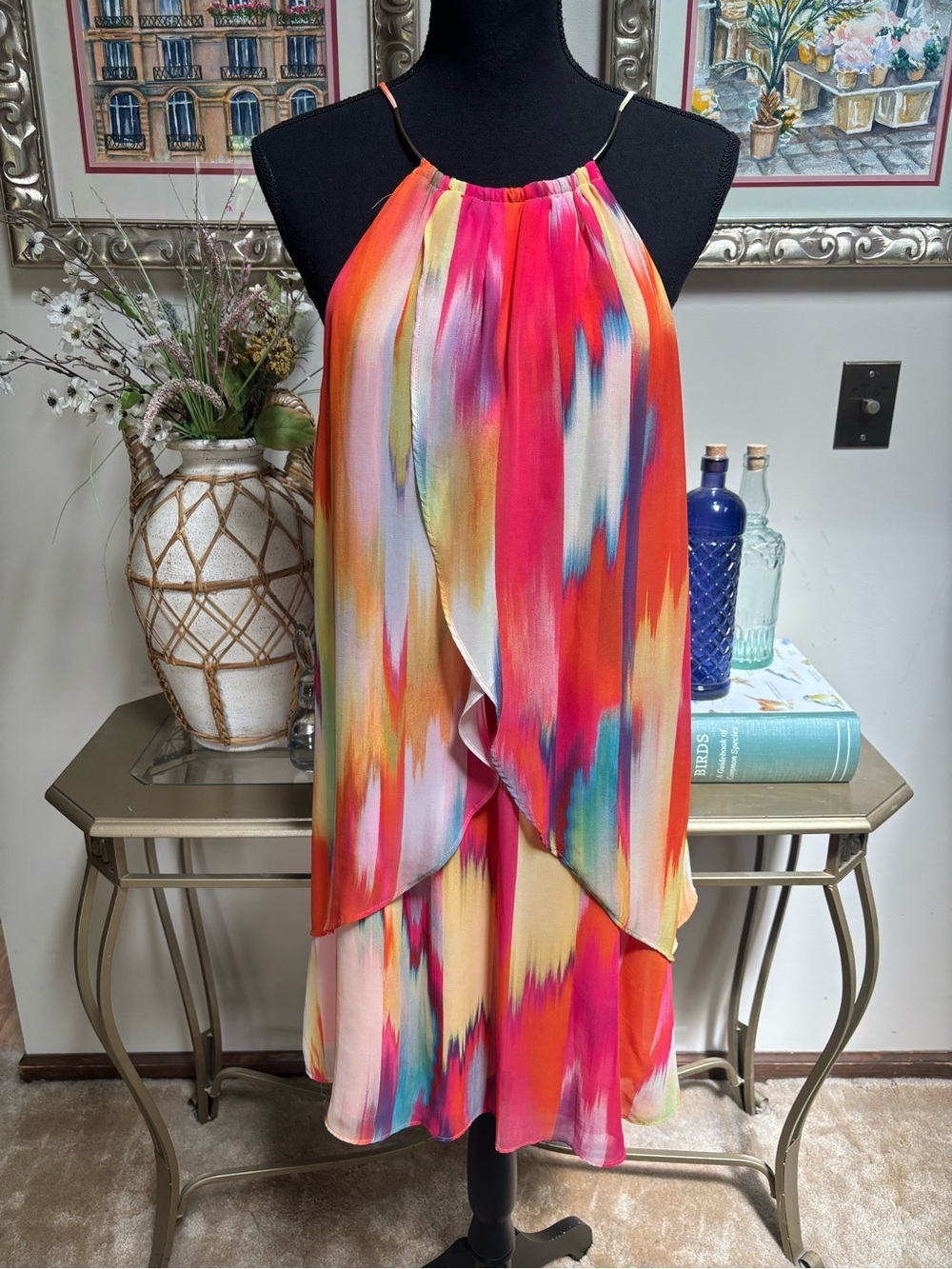 BISOU BISOU Vibrant Multi-Color Halter Layered Mini Dress Sheer Chiffon Size 14 - Picture 2 of 9